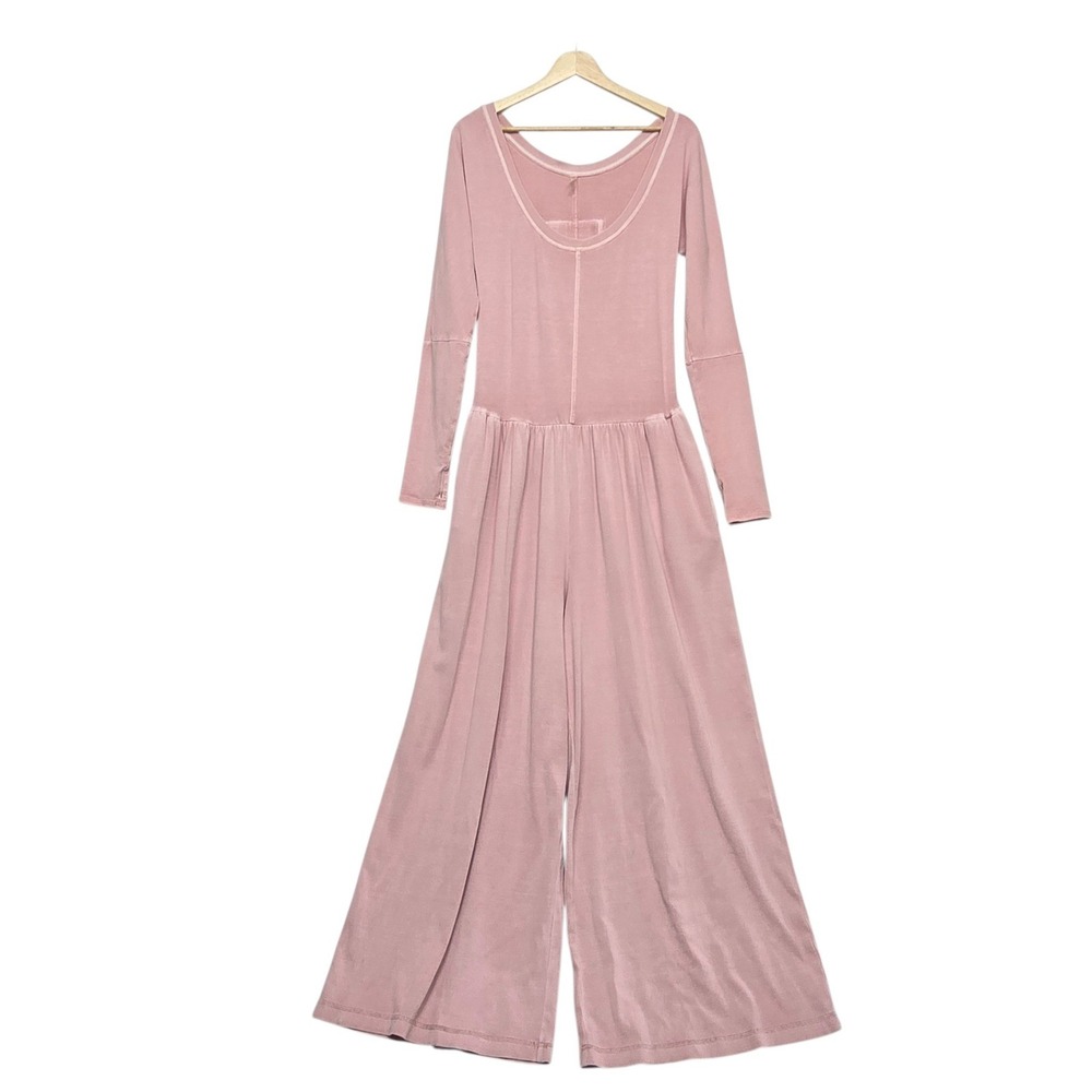Free People Movement Hot Shot Long Sleeve Wide Leg Jumpsuit Pink Large OB1205364